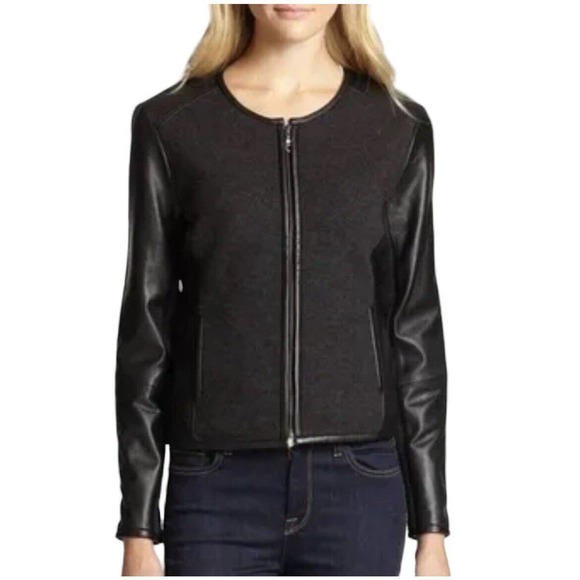 Eileen Fisher Black Leather Wool Zip Up Jacket Size M Moto
